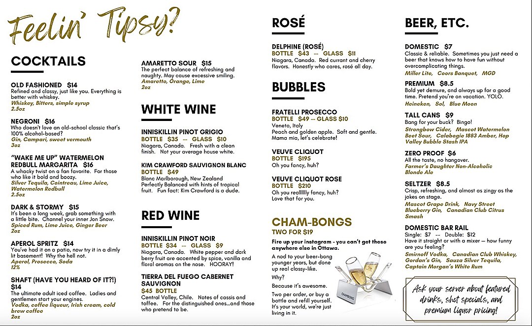 The Laugh Lounge drinks menu