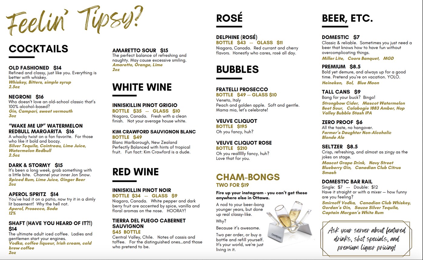 Laugh Lounge drinks menu