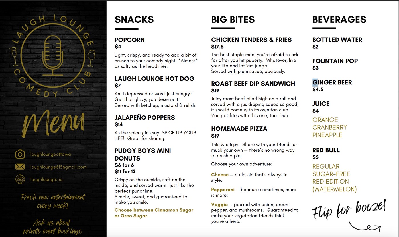 Laugh Lounge food menu